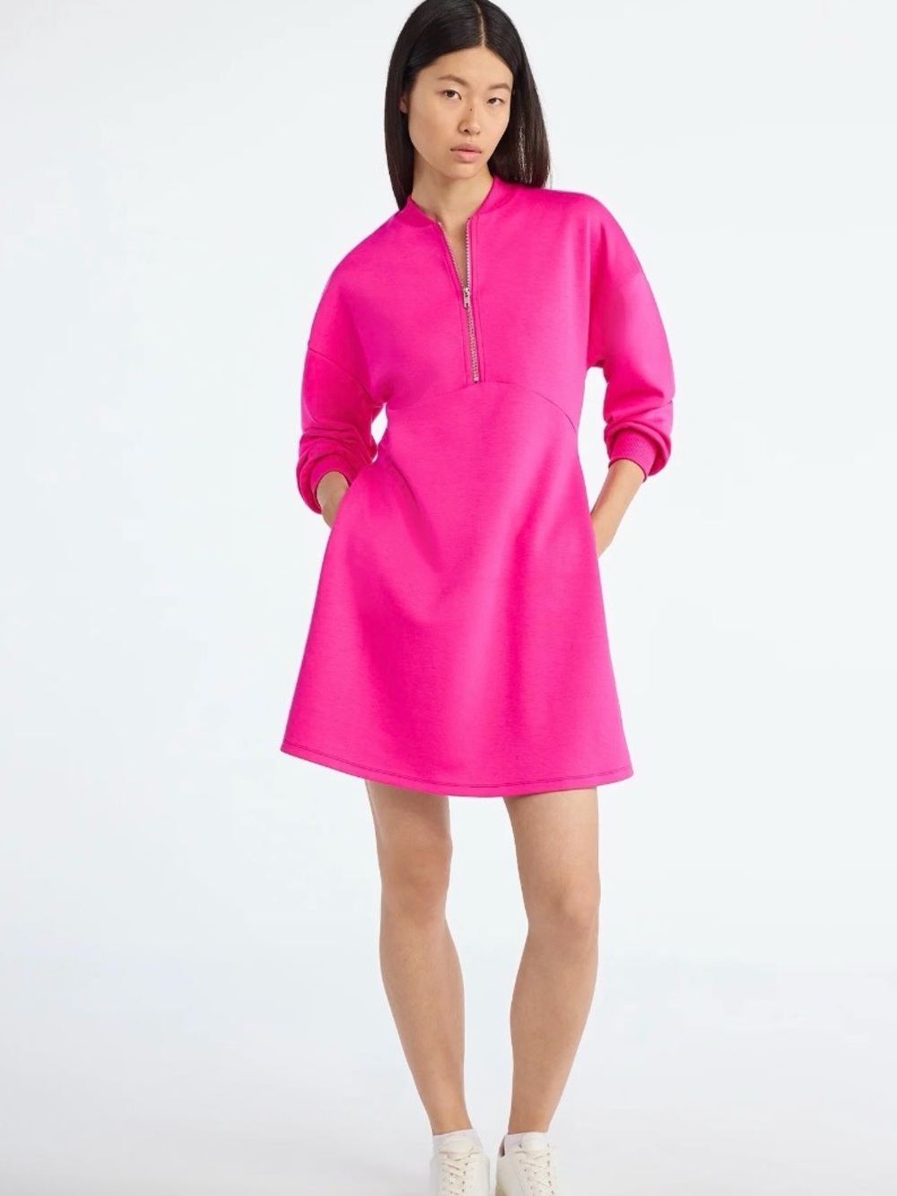 Scoop Hot Pink scuba scubaknit Zip-Front long sleeve casual Dress
